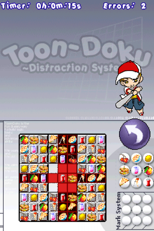 Toon-doku Nintendo DS video game, cartoon-style Sudoku puzzle gameplay, logic and number challenges, handheld console title gameplay screenshot