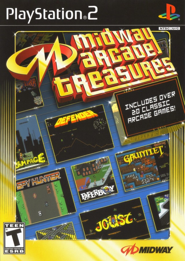 Midway Arcade Treasures cover art for PlayStation 2 (PS2) featuring a compilation of over 20 classic arcade games including Defender, Joust, and Spy Hunter.