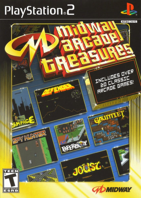 Midway Arcade Treasures cover art for PlayStation 2 (PS2) featuring a compilation of over 20 classic arcade games including Defender, Joust, and Spy Hunter.