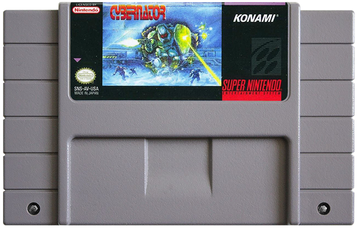 Cybernator Super Nintendo SNES side scrolling shooter mech action run and gun futuristic warfare robot combat platform shooting Konami classic retro 16 bit gaming Super Nintendo Entertainment System software video game title cartridge 