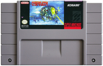 Cybernator Super Nintendo SNES side scrolling shooter mech action run and gun futuristic warfare robot combat platform shooting Konami classic retro 16 bit gaming Super Nintendo Entertainment System software video game title cartridge 
