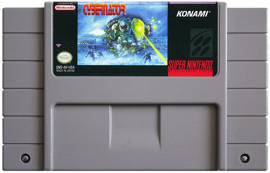 Cybernator Super Nintendo SNES side scrolling shooter mech action run and gun futuristic warfare robot combat platform shooting Konami classic retro 16 bit gaming Super Nintendo Entertainment System software video game title cartridge 