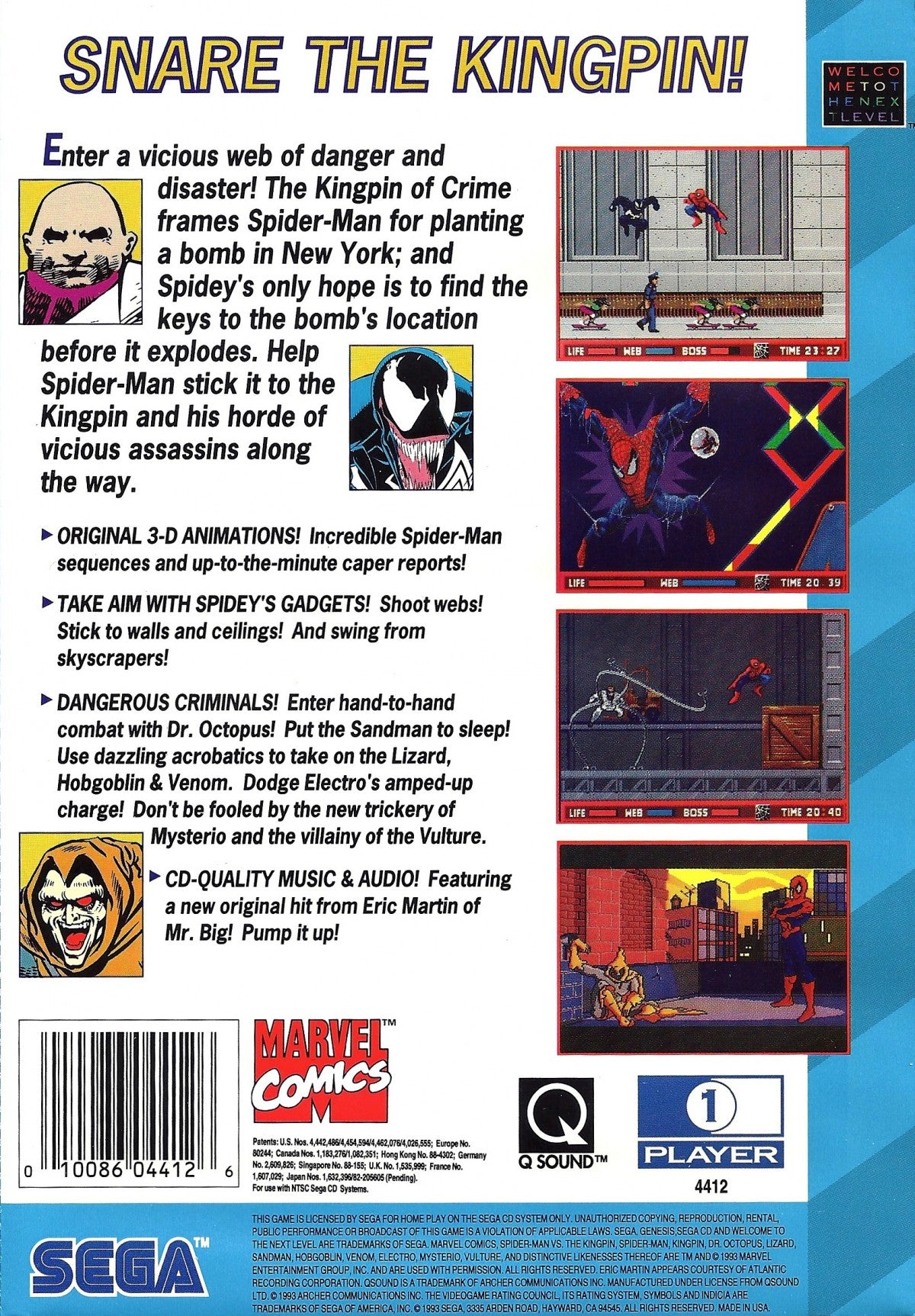 Spider-Man vs The Kingpin Sega CD action platformer comic book superhero game Marvel Spider-Man side scrolling combat web swinging boss battles Green Goblin Doctor Doom storyline enhanced CD audio cutscenes retro gaming Sega CD software video game title back cover art