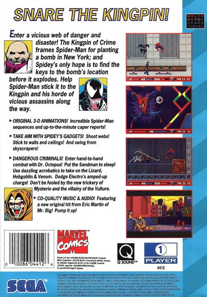 Spider-Man vs The Kingpin Sega CD action platformer comic book superhero game Marvel Spider-Man side scrolling combat web swinging boss battles Green Goblin Doctor Doom storyline enhanced CD audio cutscenes retro gaming Sega CD software video game title back cover art