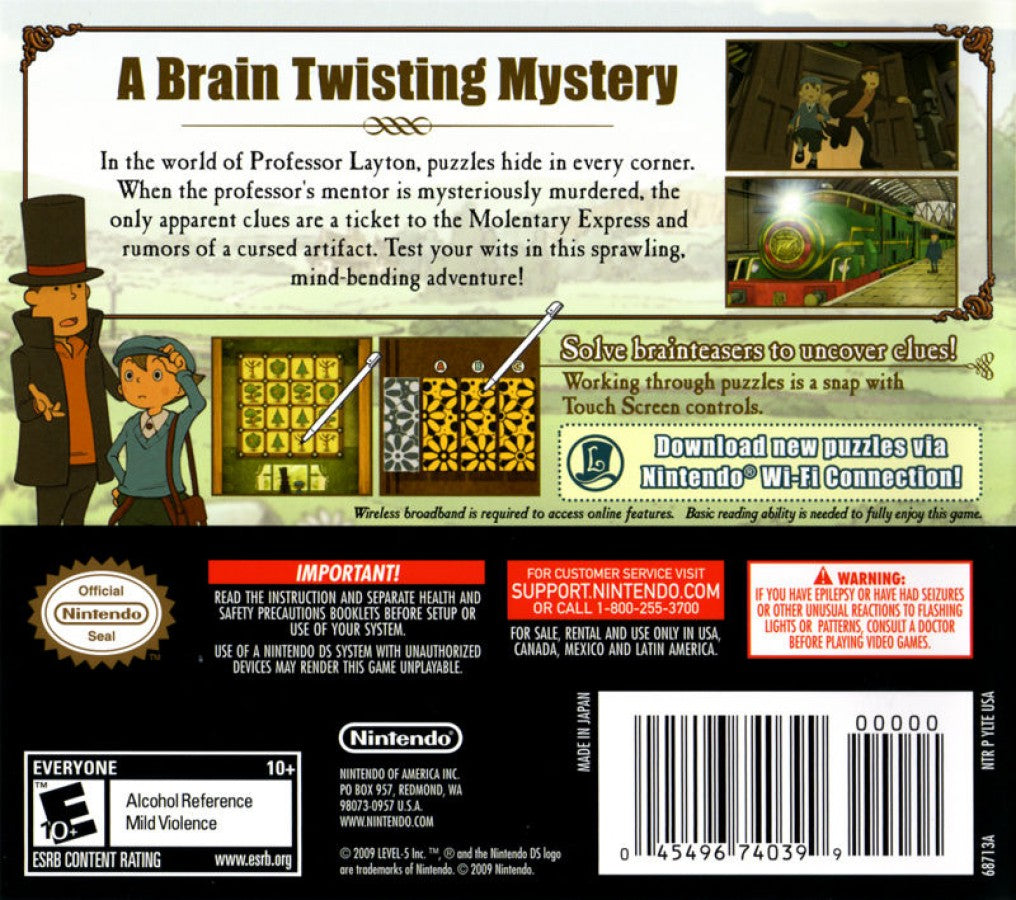 Professor Layton and the Diabolical Box Nintendo DS game featuring puzzle-solving adventure gameplay and story-driven mystery back cover