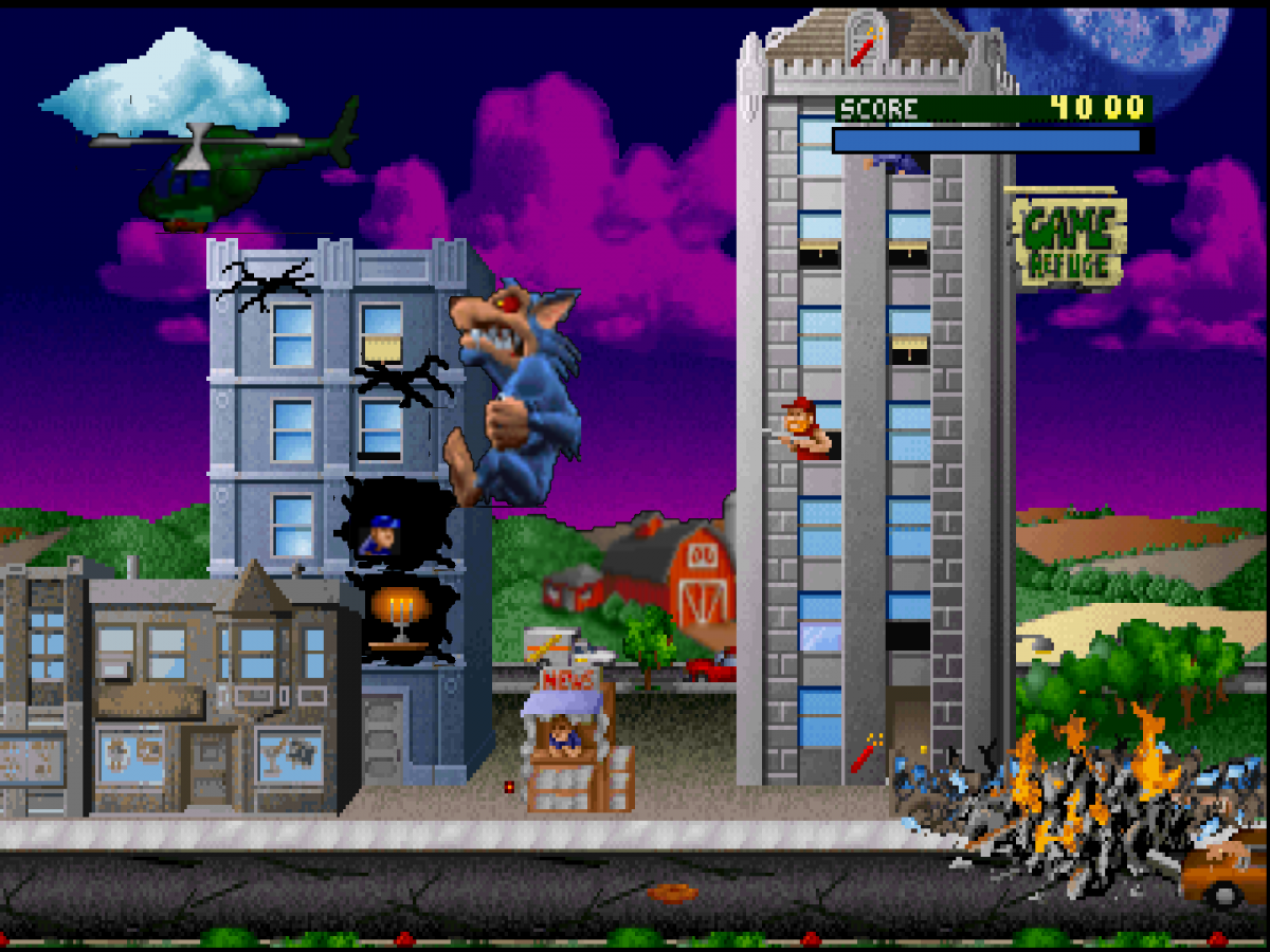 Rampage World Tour cartridge for the Nintendo 64 featuring arcade style destruction gameplay with giant monsters smashing cities battling military forces and cooperative multiplayer chaos across multiple locations gameplay
