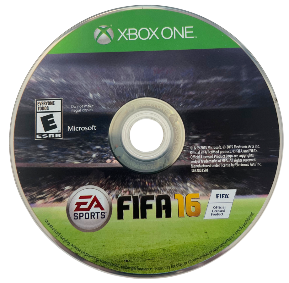 FIFA 16 Xbox One game cover art, disc image for a soccer sports simulation and football video game