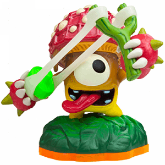 Shroomboom Skylanders Giants figure, plant element mushroom archer with wooden body, red cap and bow weapon, aiming in battle stance, detailed collectible toy on portal base from Skylanders Giants series