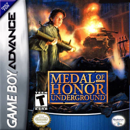 Medal of Honor Underground for Game Boy Advance, cover image for a first-person shooter video game with World War II combat, mission-based gameplay, stealth elements, and military action