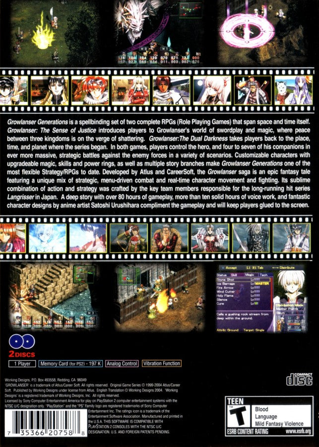 Growlanser Generations PlayStation 2 PS2 for role playing video game fans featuring tactical strategy combat epic fantasy storytelling anime inspired characters real time battle system deep character progression branching storylines immersive JRPG adventure collectible gaming appeal back box art