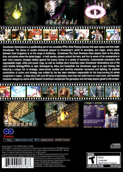 Growlanser Generations PlayStation 2 PS2 for role playing video game fans featuring tactical strategy combat epic fantasy storytelling anime inspired characters real time battle system deep character progression branching storylines immersive JRPG adventure collectible gaming appeal back box art