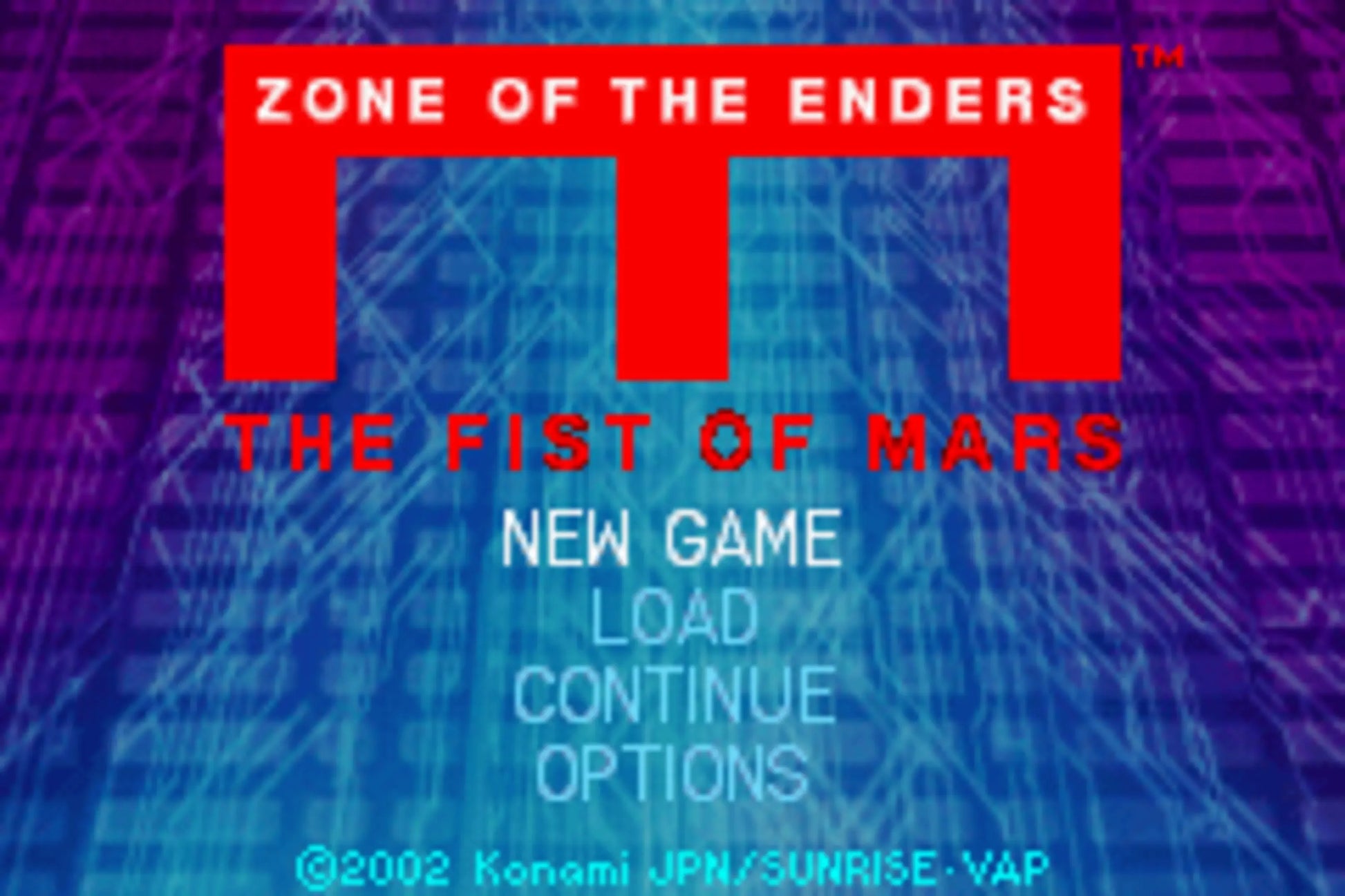 Zone of the Enders: The Fist of Mars [CIB] for Game Boy Advance (GBA) featuring a story-driven tactical RPG spin-off with turn-based mech battles set in the Z.O.E. universe; command your squad, customize Orbital Frames, and follow an anime-style narrative in this complete-in-box handheld entry main menu title screen