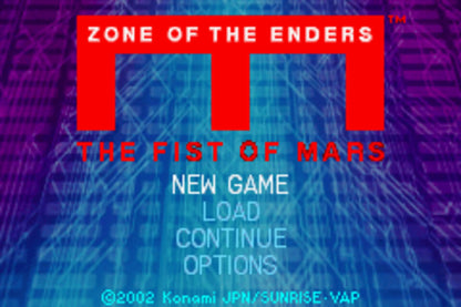 Zone of the Enders: The Fist of Mars [CIB] for Game Boy Advance (GBA) featuring a story-driven tactical RPG spin-off with turn-based mech battles set in the Z.O.E. universe; command your squad, customize Orbital Frames, and follow an anime-style narrative in this complete-in-box handheld entry main menu title screen