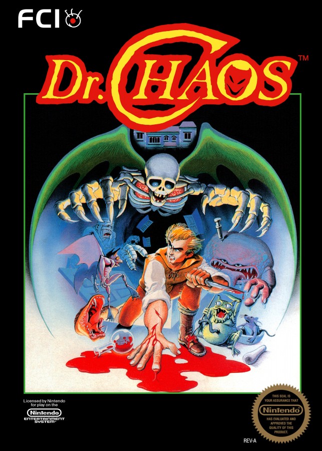 Dr Chaos Nintendo Entertainment System NES action adventure video game featuring Dr Chaos exploration mysterious environments platforming combat monsters weapons puzzles challenging stages and classic Nintendo Entertainment System NES gameplay collectible retro gaming appeal front cover art