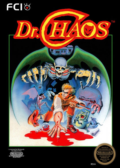 Dr Chaos Nintendo Entertainment System NES action adventure video game featuring Dr Chaos exploration mysterious environments platforming combat monsters weapons puzzles challenging stages and classic Nintendo Entertainment System NES gameplay collectible retro gaming appeal front cover art