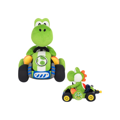 Yoshi in Kart Plush Nintendo Super Mario collectible for gaming enthusiasts featuring soft plush construction kart racing inspired design iconic Yoshi character themed merchandise display worthy gaming collectible colorful Nintendo fan item and collectible gaming appeal angles