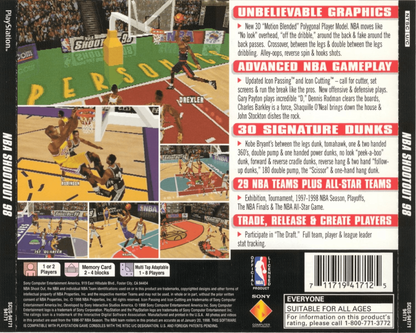 NBA ShootOut 98 back of case for PlayStation 1 (PS1) retro basketball video game