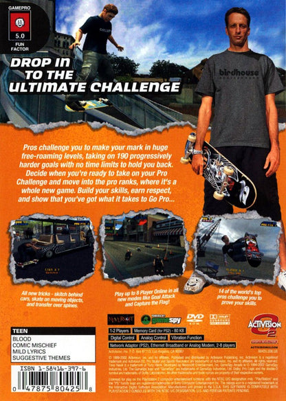 Tony Hawk's Pro Skater 4 PlayStation 2 PS2 video game featuring skateboarding action gameplay professional skaters trick combos grinding ramps skate parks career mode challenges high score objectives and classic 128 bit PlayStation 2 gameplay retro video game collection collectible gaming appeal back cover art