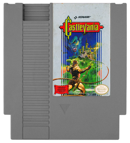 Castlevania cartridge for the Nintendo Entertainment System with five screw design featuring 8 bit gothic side scrolling action platformer gameplay as Simon Belmont battles Dracula and monsters cartridge front
