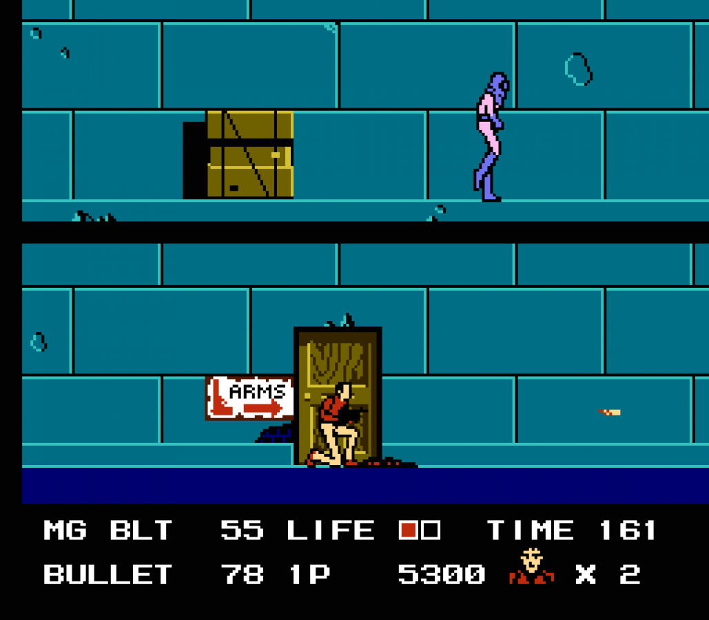 Rolling Thunder Nintendo Entertainment System NES video game featuring side scrolling action shooter gameplay secret agent Albatross enemy combat gun battles hostage rescues enemy base infiltration platforming challenges weapon power ups challenging stages and classic 8 bit Nintendo arcade action retro video game collection collectible gaming appeal gameplay
