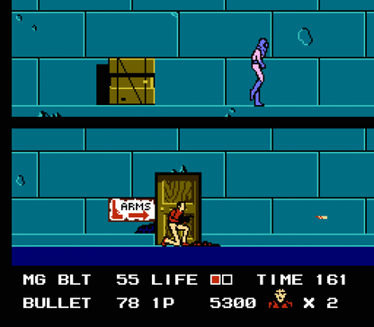 Rolling Thunder Nintendo Entertainment System NES video game featuring side scrolling action shooter gameplay secret agent Albatross enemy combat gun battles hostage rescues enemy base infiltration platforming challenges weapon power ups challenging stages and classic 8 bit Nintendo arcade action retro video game collection collectible gaming appeal gameplay
