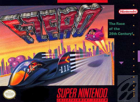 F-Zero Super Nintendo Entertainment System SNES futuristic racing video game Mode 7 graphics high-speed anti-gravity vehicles multiple pilots including Captain Falcon with varying stats and championship tracks front box cover
