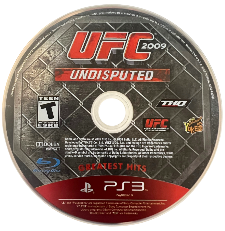 UFC 2009 Undisputed Greatest Hits retro PlayStation 3 video game featuring mixed martial arts combat, realistic UFC fighting gameplay, multiplayer competition and classic PS3 entertainment - disc