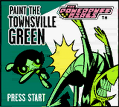 The Powerpuff Girls Paint the Townsville Green for Game Boy Color, title screen for a platformer video game with side-scrolling gameplay, character-based levels, cartoon-style action, and enemy combat challenges