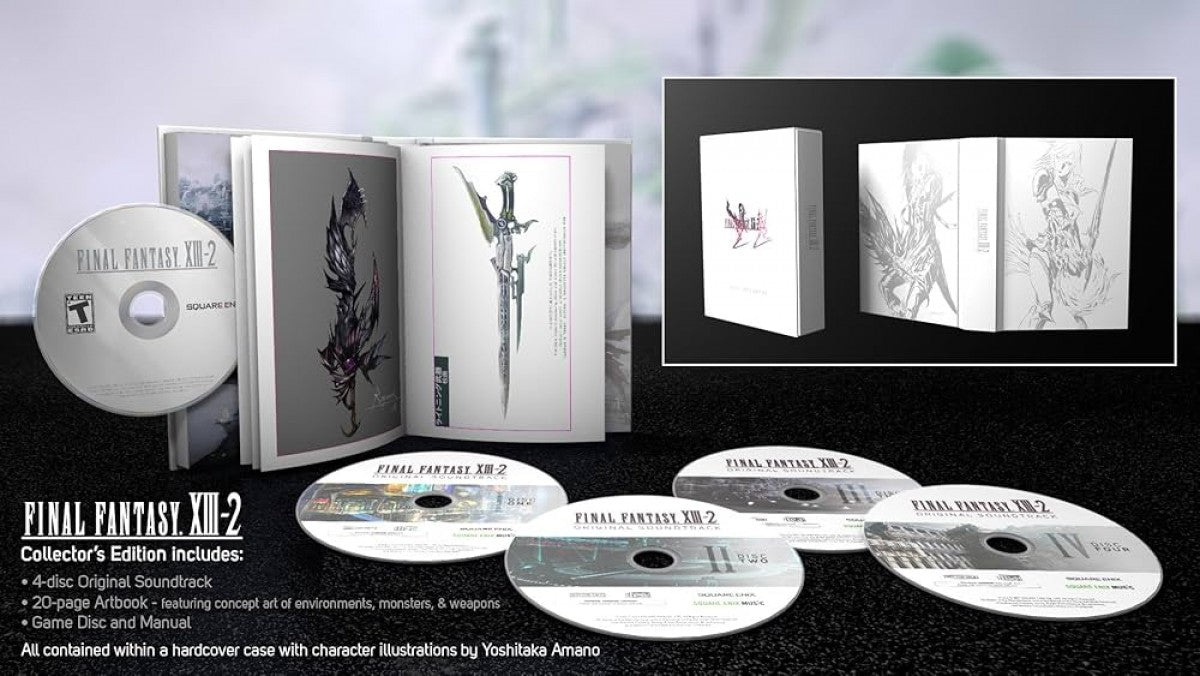 Retro Final Fantasy XIII 2 PS3 inspired design featuring futuristic JRPG fantasy aesthetic HD era time travel adventure Lightning and Serah sci fi worlds cinematic storytelling fast paced battle system nostalgic Square Enix role playing presentation
