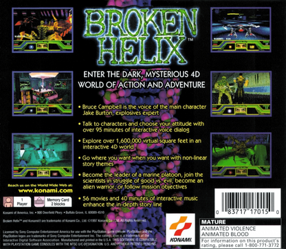 Broken Helix PlayStation 1 third-person action sci-fi horror video game Konami maximum security prison setting mutants creatures Bruce convict protagonist weapon combat exploration mutant DNA powers back cover art