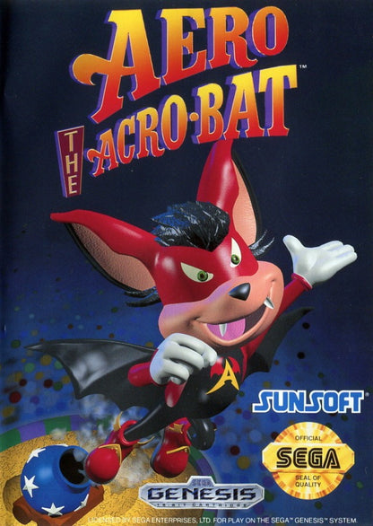Aero the Acro Bat Sega Genesis GEN video game featuring action platforming gameplay acrobat character adventure colorful circus environments enemy encounters jumping challenges collectible items and classic 16 bit Sega gameplay retro video game collection collectible gaming appeal front cover art