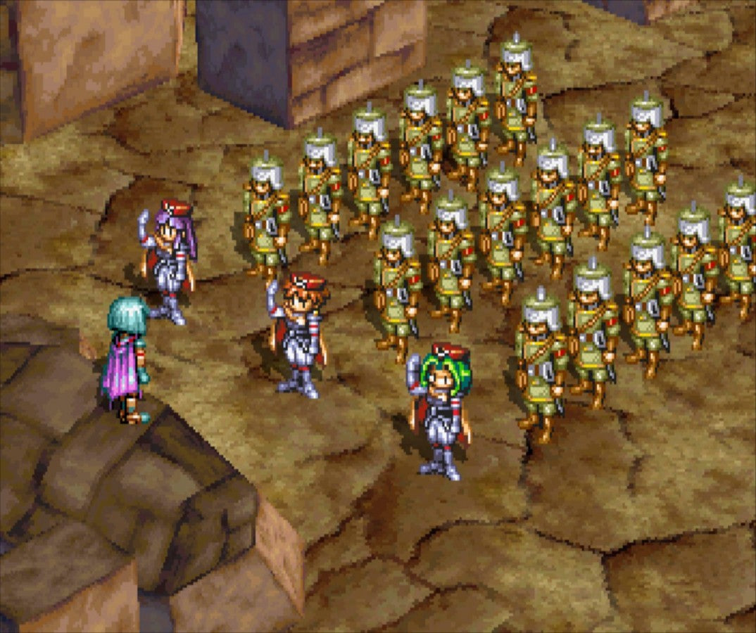 Grandia for PlayStation 1 classic JRPG featuring turn based battle system anime style story adventure exploration fantasy role playing gameplay 