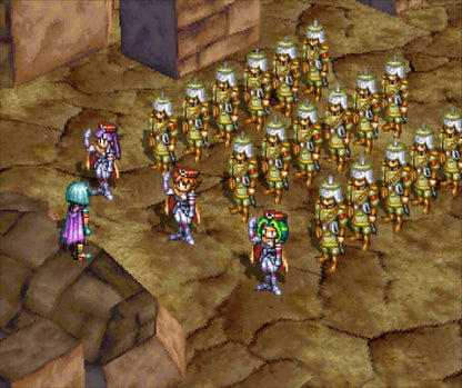 Grandia for PlayStation 1 classic JRPG featuring turn based battle system anime style story adventure exploration fantasy role playing gameplay 