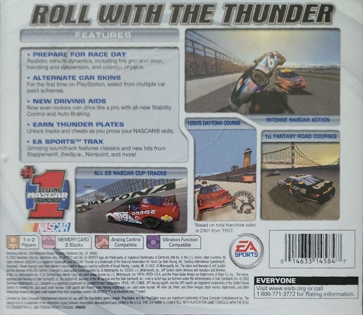 NASCAR Thunder 2003 PlayStation 1 PS1 video game, stock car racing simulation, official NASCAR teams and tracks, console racing title back cover