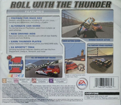 NASCAR Thunder 2003 PlayStation 1 PS1 video game, stock car racing simulation, official NASCAR teams and tracks, console racing title back cover