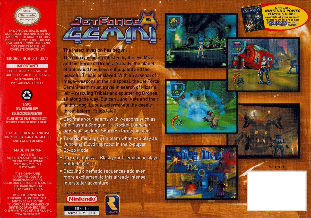 Jet Force Gemini Nintendo 64 N64 video game, game only cartridge, third-person action shooter, sci-fi adventure, classic Nintendo title back cover