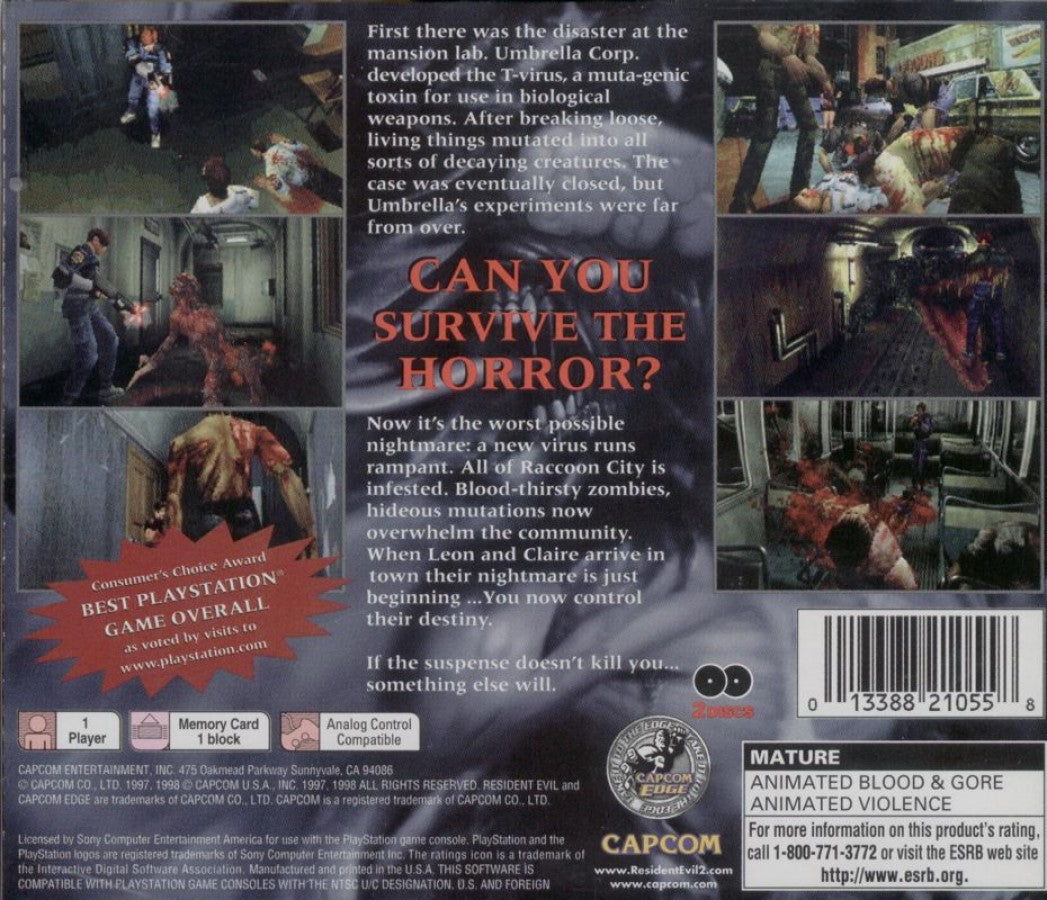 Resident Evil 2 Greatest Hits PlayStation 1 PS1 for survival horror retro video game fans featuring zombie outbreaks Raccoon City exploration intense action puzzle solving limited resources terrifying creatures cinematic gameplay collectible gaming appeal back of case