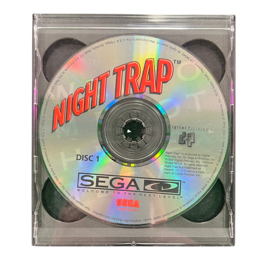Night Trap Sega CD SCD interactive full motion video adventure game featuring live-action actors suspenseful horror gameplay surveillance cameras trap mechanisms mysterious intruders branching scenes and classic Sega CD gameplay collectible retro gaming appeal disc 1