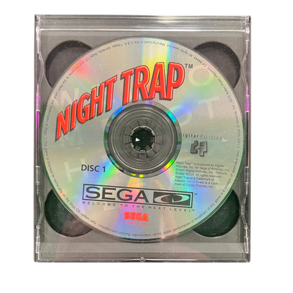Night Trap Sega CD SCD interactive full motion video adventure game featuring live-action actors suspenseful horror gameplay surveillance cameras trap mechanisms mysterious intruders branching scenes and classic Sega CD gameplay collectible retro gaming appeal disc 1