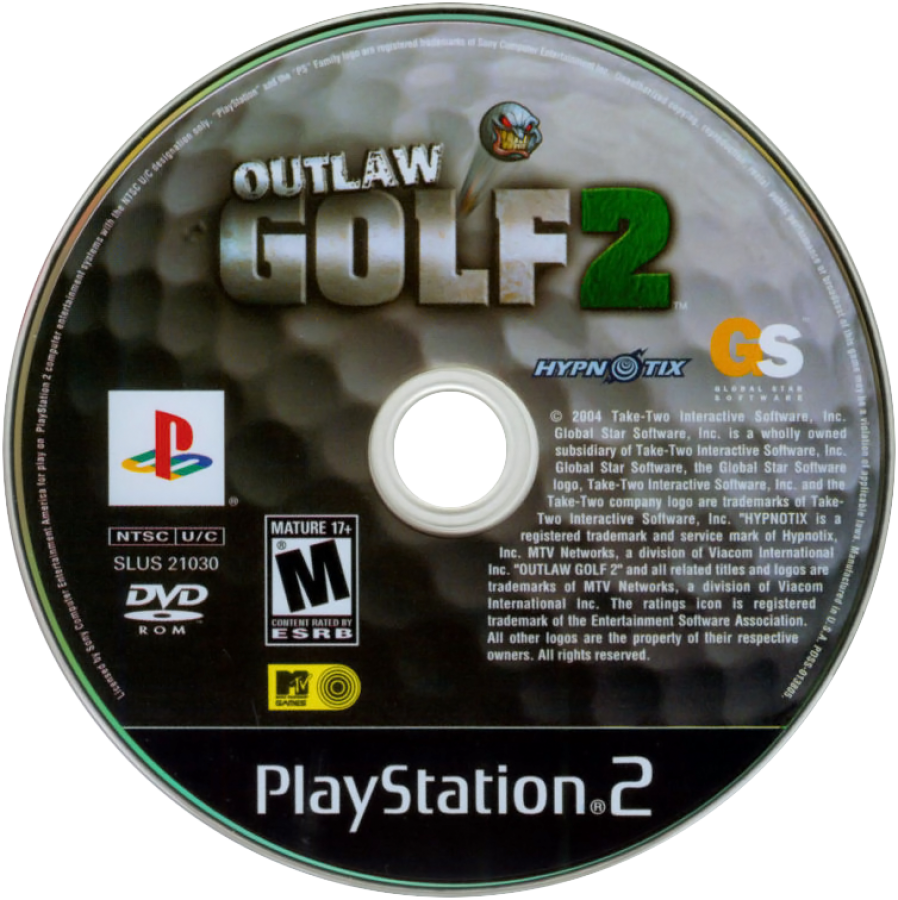 Outlaw Golf 2 – PlayStation 2 (PS2) video game disc, comedic golf sports simulation game.