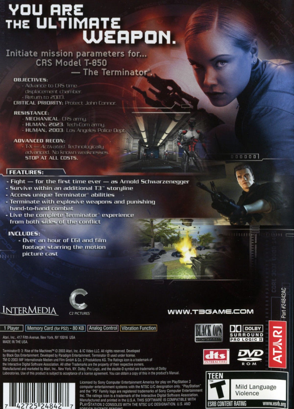 Terminator 3 Rise of the Machines PS2 Sony PlayStation 2 action shooter game third person combat sci fi Terminator movie tie in robotic enemies futuristic weapons driving missions story campaign retro gaming PlayStation 2 software video game title back cover art