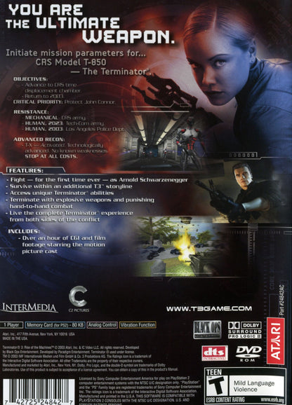 Terminator 3 Rise of the Machines PS2 Sony PlayStation 2 action shooter game third person combat sci fi Terminator movie tie in robotic enemies futuristic weapons driving missions story campaign retro gaming PlayStation 2 software video game title back cover art