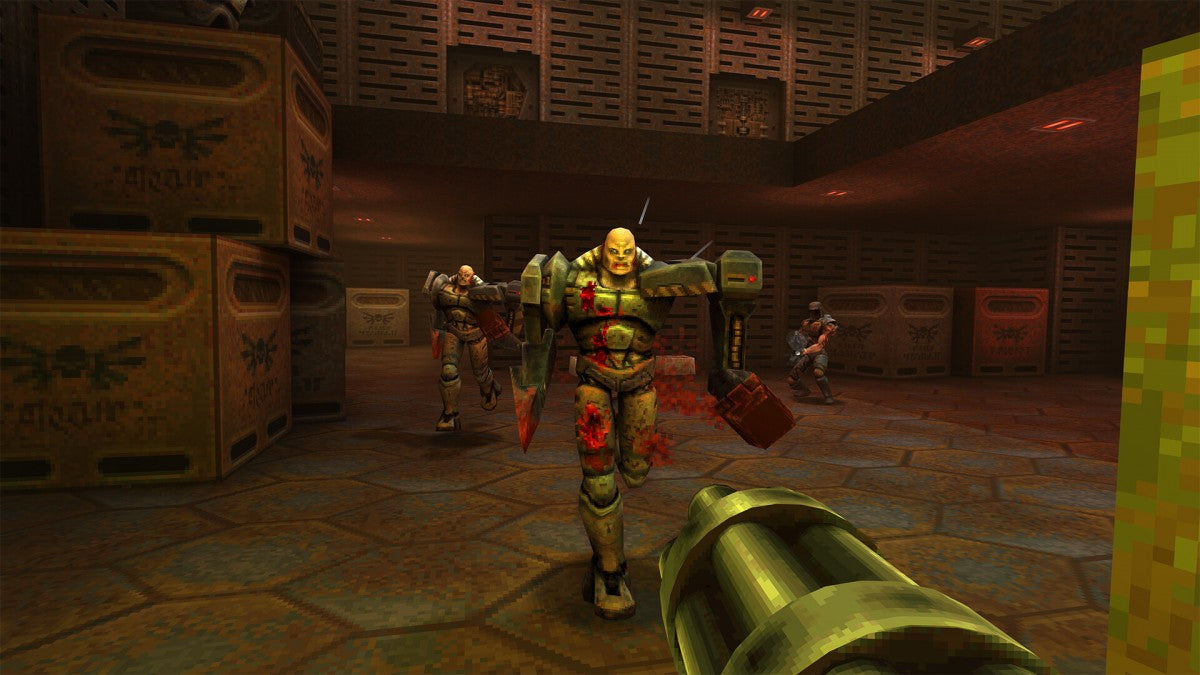 Quake II Nintendo Switch inspired design featuring sci fi first person shooter aesthetic futuristic military combat hostile alien Strogg forces fast paced action intense weapons based gameplay classic arena shooter revival modern enhanced presentation gameplay  
