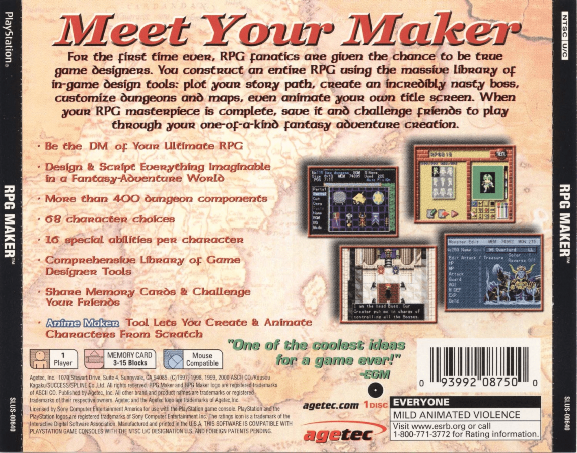 RPG Maker back of case for PlayStation 1 (PS1) role-playing game creation video game