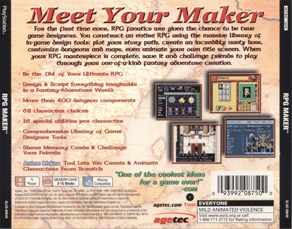 RPG Maker back of case for PlayStation 1 (PS1) role-playing game creation video game