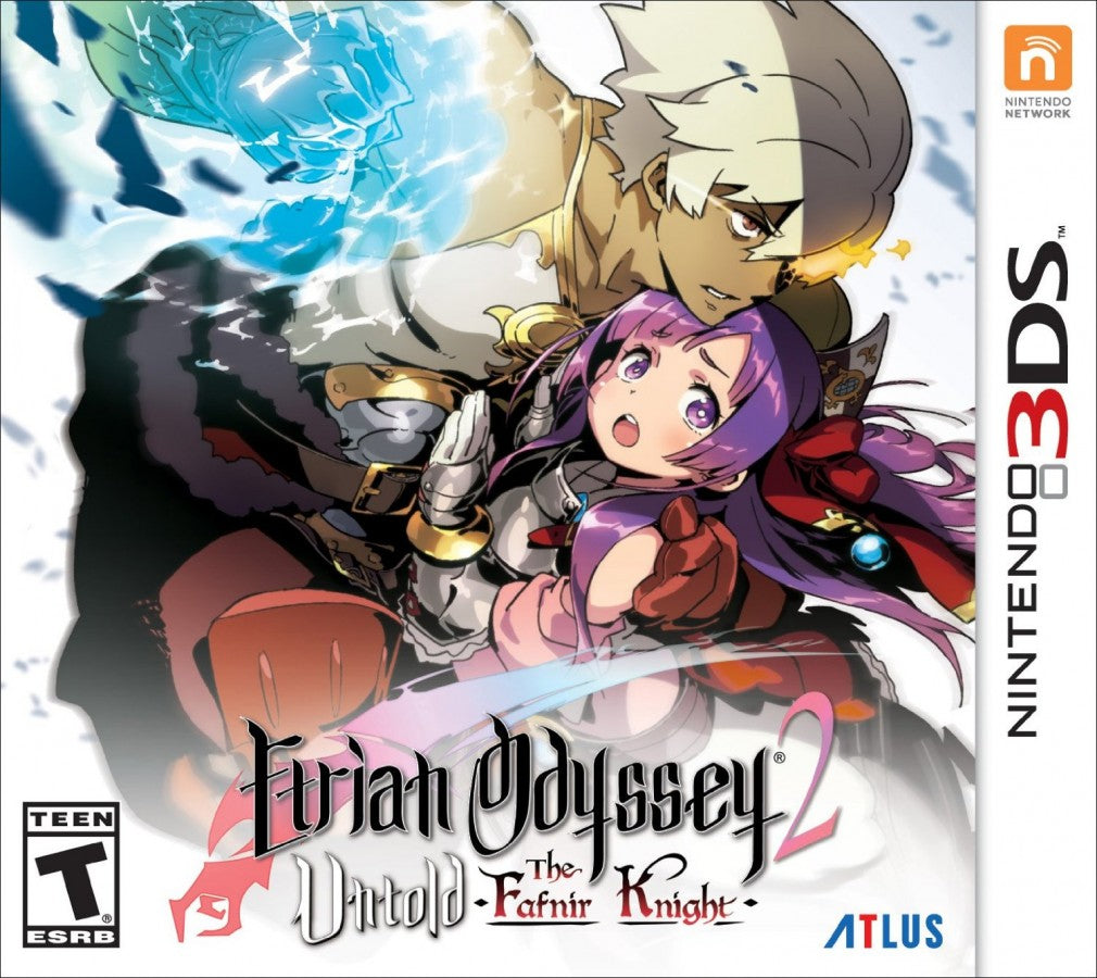 Etrian Odyssey 2 Untold The Fafnir Knight Nintendo 3DS video game featuring dungeon crawling role playing gameplay first person exploration party customization turn based combat map making character classes skill progression and classic Nintendo 3DS gameplay retro video game collection collectible gaming appeal cover art