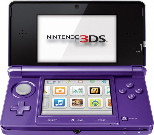 Nintendo 3DS Midnight Purple System inspired design featuring handheld gaming console aesthetic rich deep purple finish dual screen portable gameplay glasses free 3D technology iconic Nintendo clamshell hardware immersive gaming experience and stylish collectible presentation front open on 