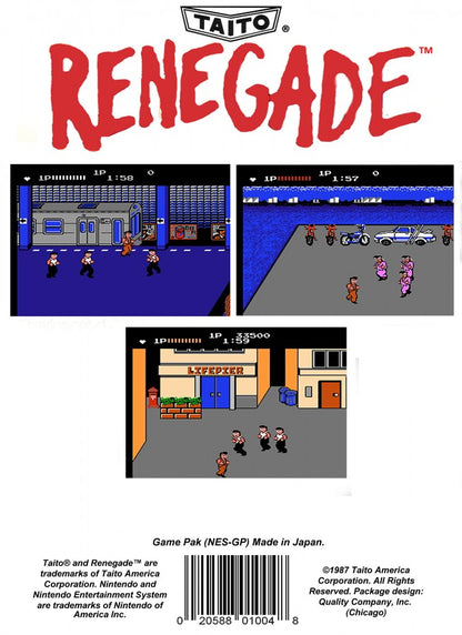 Renegade Complete in Box CIB Nintendo Entertainment System NES for retro video game enthusiasts featuring classic side scrolling beat em up gameplay street fighting action martial arts combat challenging enemy gangs arcade style action complete in box collectible gaming appeal back cover