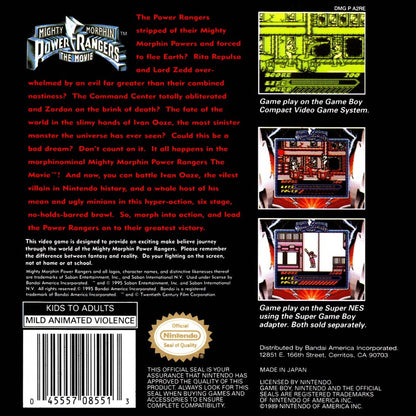 Mighty Morphin Power Rangers The Movie Game Boy back of case for retro video game enthusiasts featuring side scrolling action gameplay morphing hero combat power ranger team based battles movie tie in storyline boss fights against monstrous enemies and portable handheld arcade style gaming experience and collectible gaming appeal
