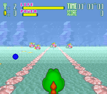Yoshi's Safari Super Nintendo Entertainment System SNES video game featuring light gun shooting gameplay Yoshi riding adventure Bowser enemies Super Mario characters colorful levels action packed stages and classic 16 bit Nintendo gameplay retro video game collection collectible gaming appeal gameplay